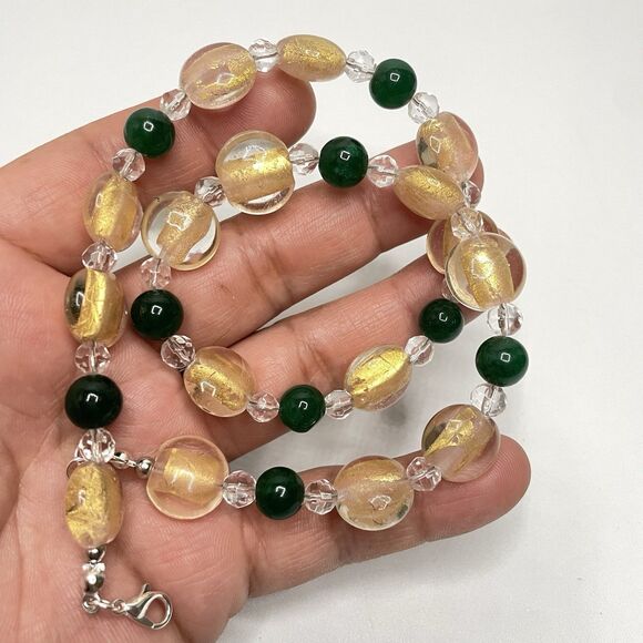 Artisan Handcrafted Emerald Green Gemstone Murano Foil Glass Beaded Necklace - Picture 6 of 7